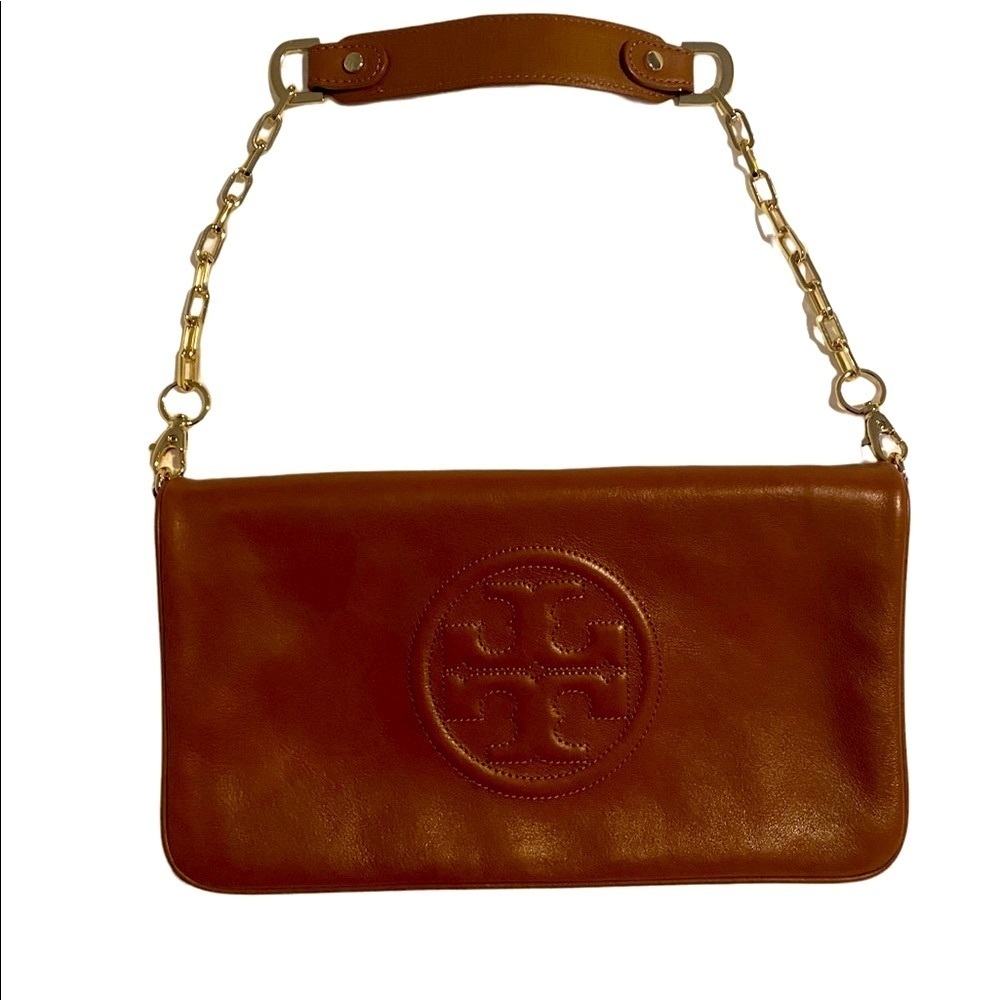 Tory Burch Leather Bombe Reva Brown Cluth - Picture 1 of 5